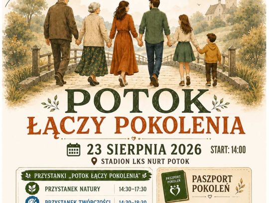 Plakat wydarzenia Potok łączy pokolenia organizowanego przez Stowarzyszenie Nasz Babski Młyn