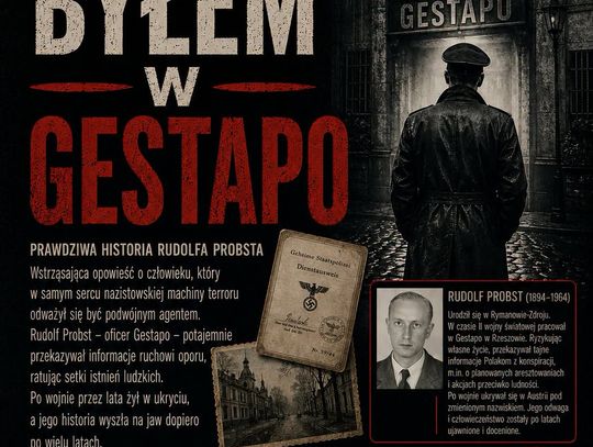 Plakat projekcji filmu „Byłem w Gestapo” w Galerii Sztuki w Rymanowie-Zdroju