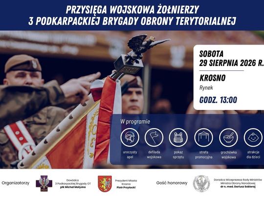 Plakat zapowiadający przysięgę wojskową żołnierzy 3 Podkarpackiej Brygady Obrony Terytorialnej w Krośnie
