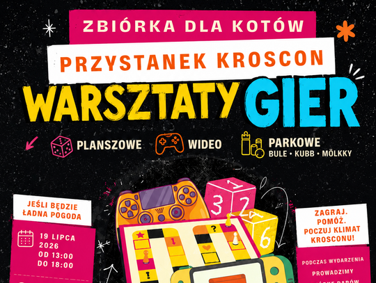Plakat wydarzenia Przystanek Kroscon – Warsztaty Gier i zbiórka dla kotów w Krośnie