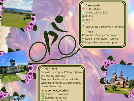 Plakat rajdu rowerowego Śladami Ciszy z datą 23.08.2026 i informacjami o trasie w Krempnej