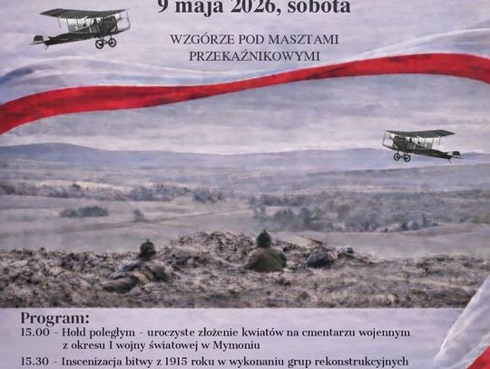 Plakat Rekonstrukcja Bitwy Mymoń 1915 z datą 9 maja 2026