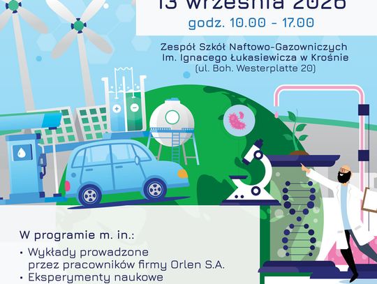 Plakat rodzinnego pikniku naukowego w Krośnie poświęconego wodorowi i biometanowi