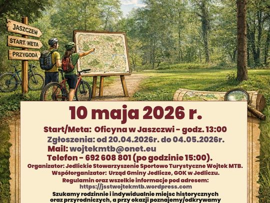 Plakat Rowerowa Mapa Przygód: rowerzyści przy mapie, data 10 maja 2026