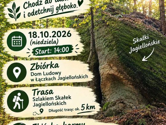 Plakat wydarzenia Spacer na Skałki Jagiellońskie z informacjami o dacie, trasie i zbiórce karmy