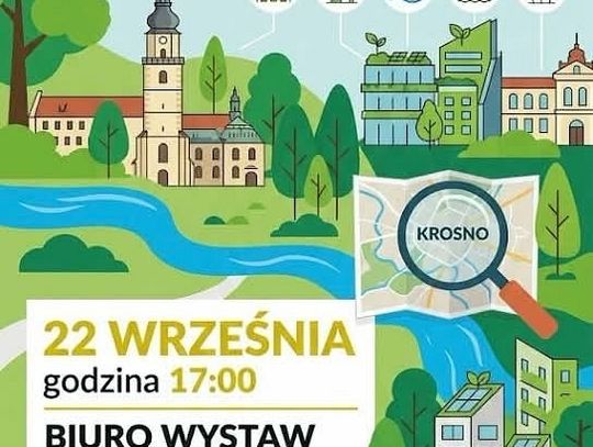 Plakat informujący o spotkaniu z mieszkańcami w sprawie Miejskiego Planu Adaptacji do Zmian Klimatu dla Miasta Krosna