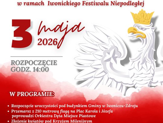 Plakat obchodów Święta Konstytucji 3 Maja 2026 w Iwoniczu‑Zdroju z orłem i datą 3 maja