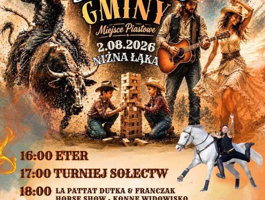 Plakat Święta Gminy Miejsce Piastowe w westernowym stylu z programem wydarzenia