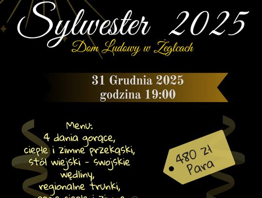 Plakat zapraszający na Sylwestra 2025 w Żeglach