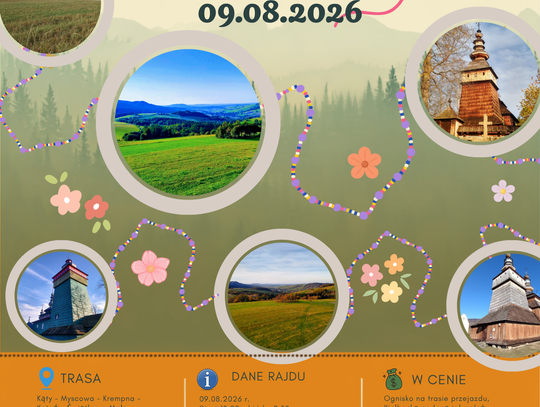Plakat rajdu rowerowego Szlakiem Łemkowskiej Krywulki z datą 09.08.2026