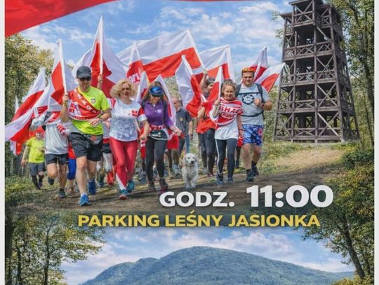 Plakat V Marszobiegu na Górę Cergową 2 maja 2026 z biegaczami niosącymi polskie flagi