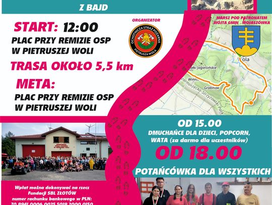 Plakat VI Marszu Charytatywnego Ratowników w Pietruszej Woli z datą, programem i zdjęciami uczestników