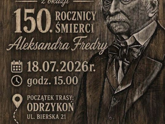 Plakat VIII Pieszego Rajdu Stowarzyszenia Odrzykoniaków z portretem Aleksandra Fredry