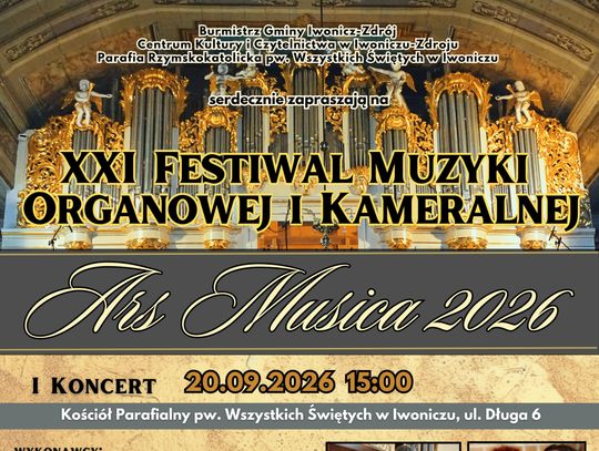 Plakat XXI Festiwalu Muzyki Organowej i Kameralnej Ars Musica 2026 w Iwoniczu