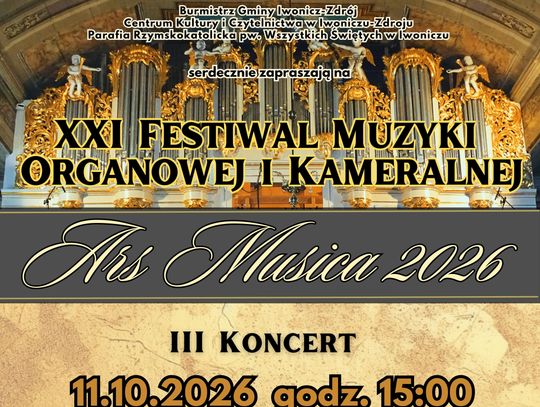 Plakat XXI Festiwalu Muzyki Organowej i Kameralnej Ars Musica 2026 z informacją o III koncercie w Iwoniczu