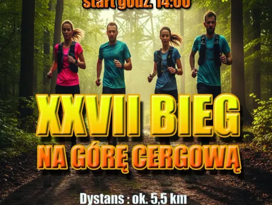 Plakat promujący XXVII Bieg na Górę Cergową z datą 4 października 2026 i startem o 14:00.