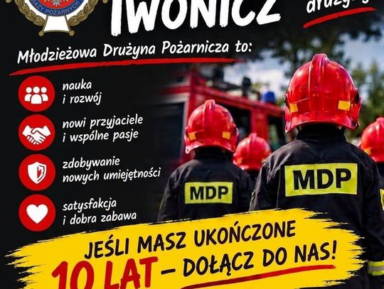 Plakat rekrutacyjny MDP Iwonicz zachęcający do dołączenia do Młodzieżowej Drużyny Pożarniczej