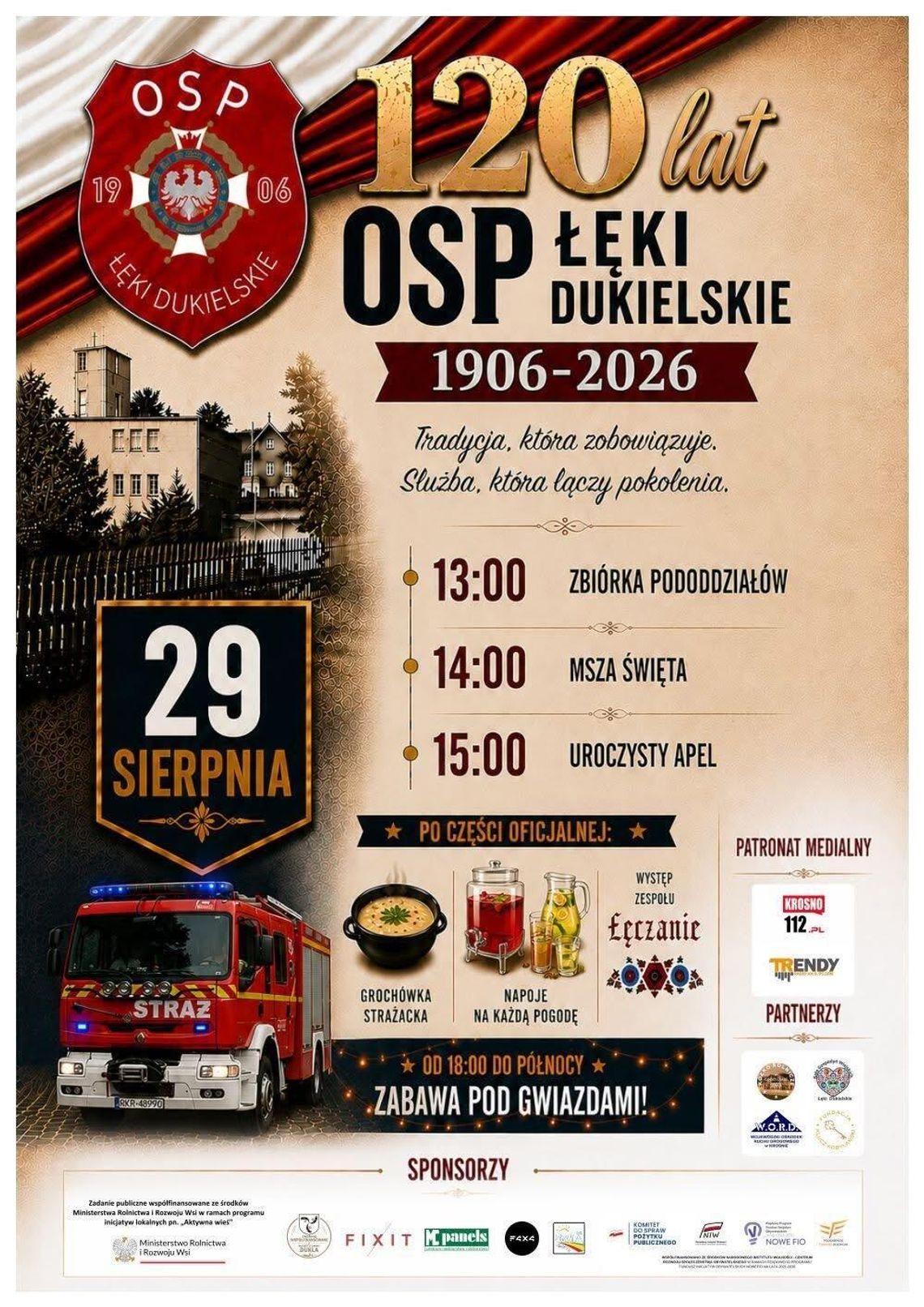 120 lat OSP Łęki Dukielskie Plakat jubileuszu 120-lecia OSP Łęki Dukielskie z programem obchodów i grafiką wozu strażackiego