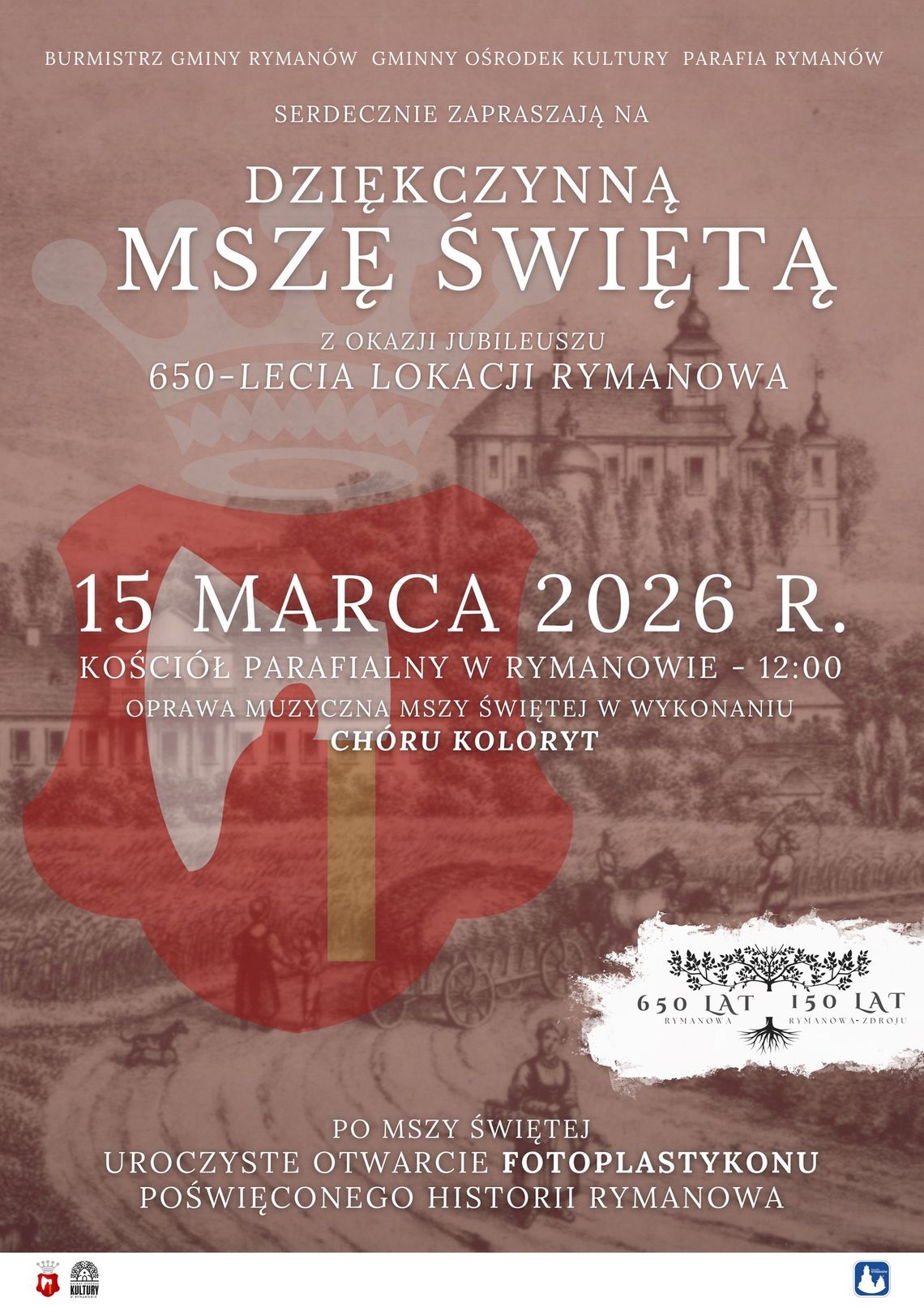 Plakat reklamujący Dziękczynna Mszę Świętą w Rymanowie