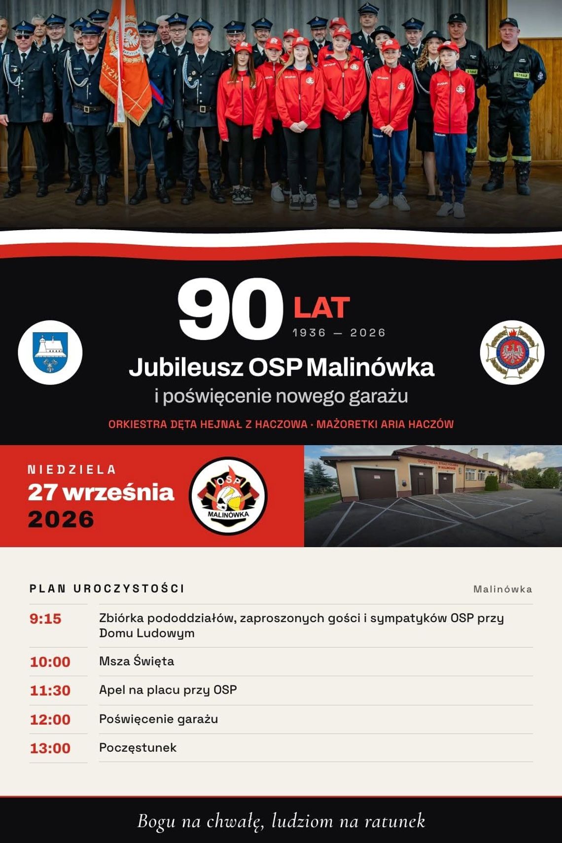90 lat OSP Malinówka i poświęcenie nowego garażu Plakat jubileuszu 90-lecia OSP Malinówka i poświęcenia nowego garażu