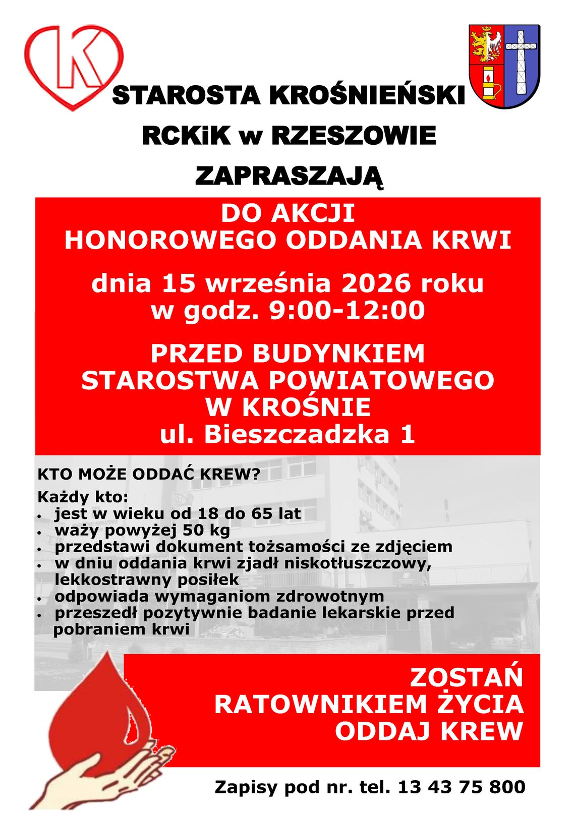 Plakat informujący o akcji honorowego oddania krwi w Krośnie 15 września 2026 roku