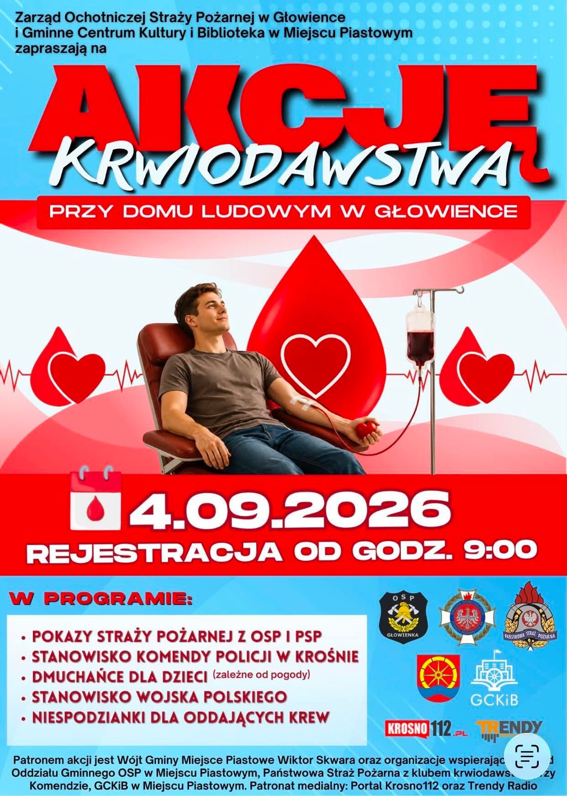 Plakat akcji krwiodawstwa w Głowience z datą 4.09.2026 i rejestracją od godziny 9:00