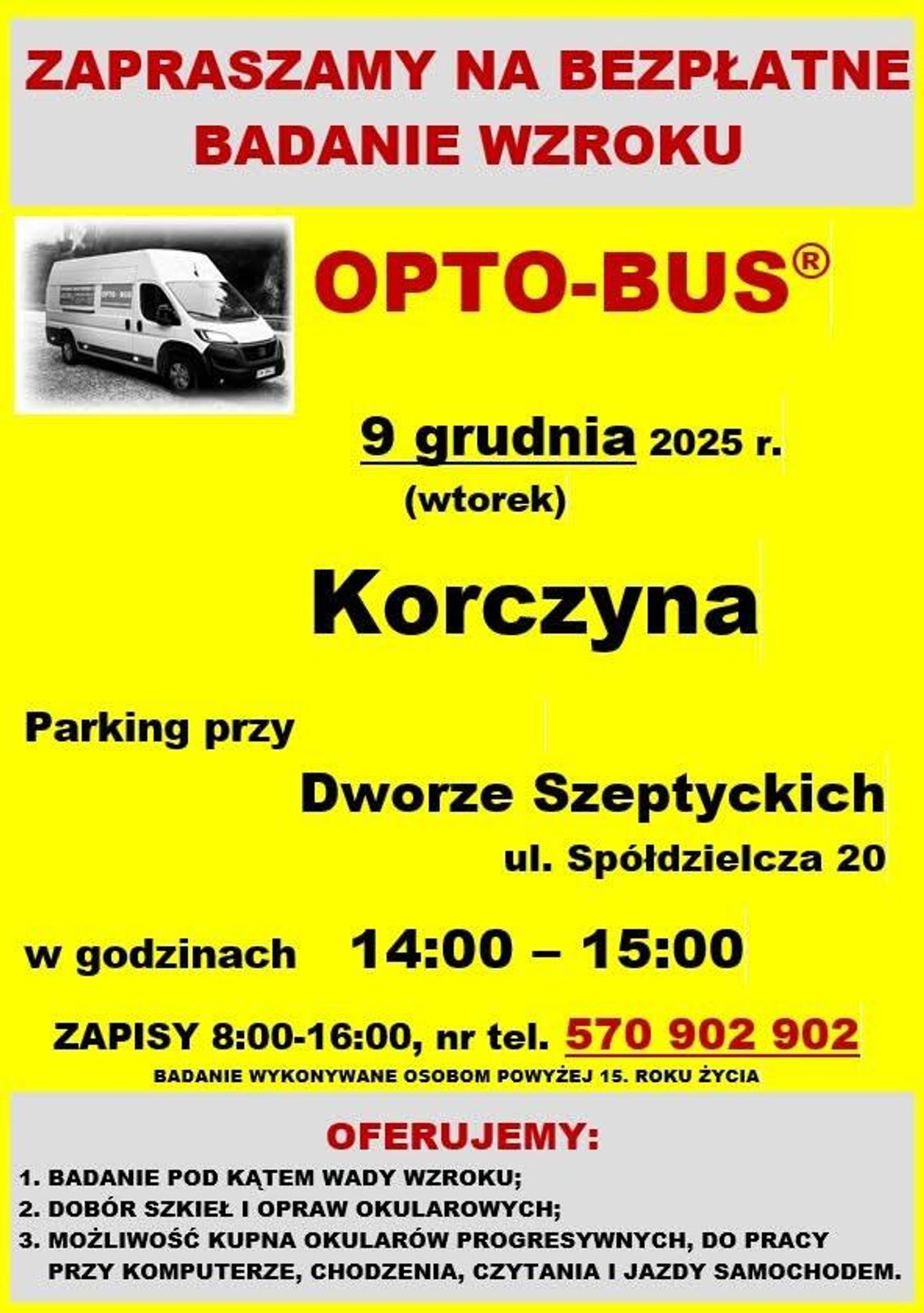 Plakat zapraszający na bezpłatne badanie wzroku w Korczynie