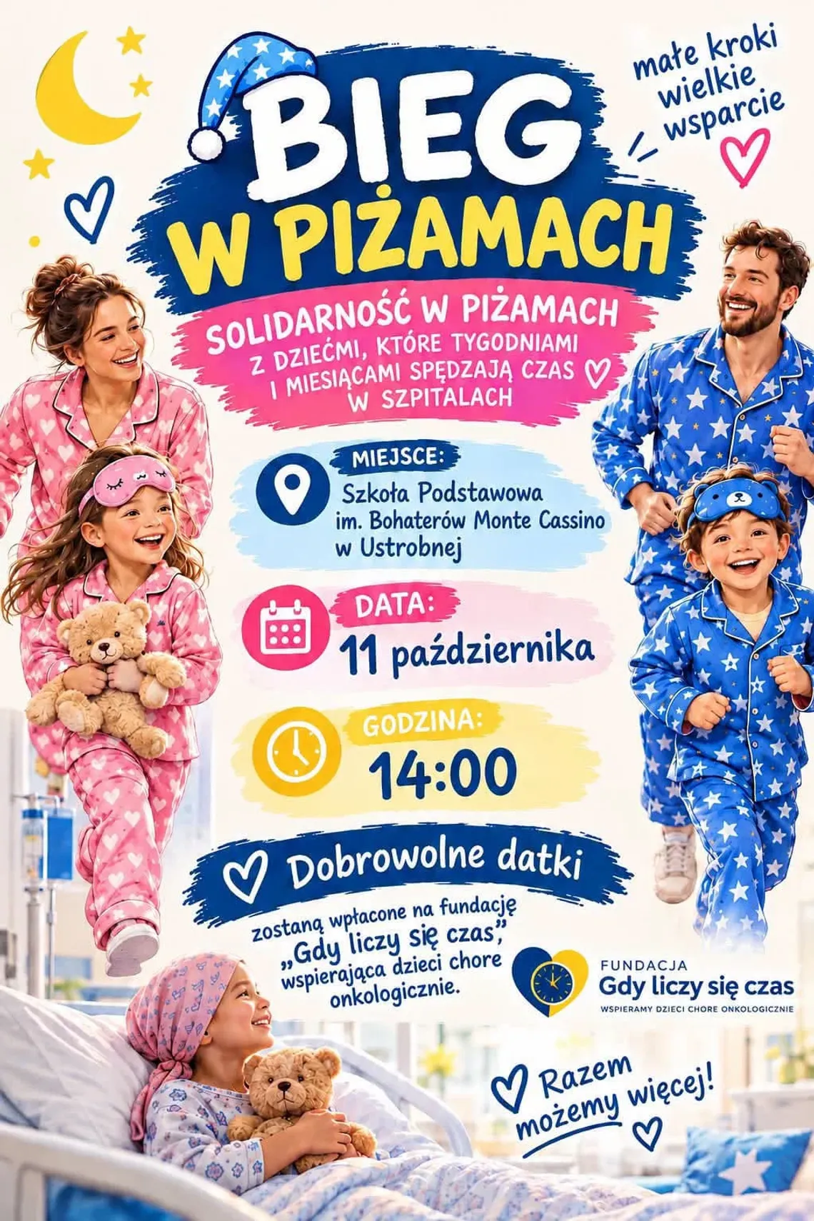 Bieg w piżamach w Ustrobnej Plakat wydarzenia Bieg w piżamach z informacjami o miejscu, dacie i godzinie oraz motywem pomocy dzieciom w szpitalach.