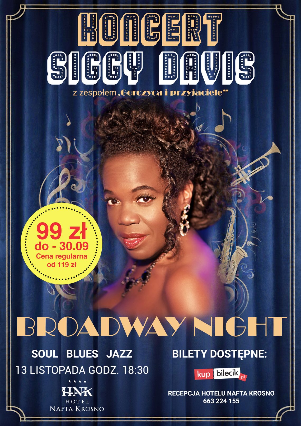 BRODWAY NIGHT w Hotelu Nafta Krosno Plakat koncertu Siggy Davis