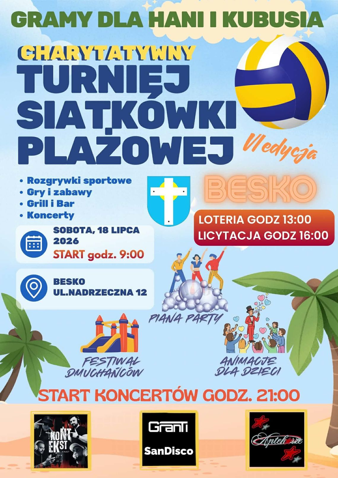 Plakat charytatywnego turnieju siatkówki plażowej w Besku dla Hani i Kubusia