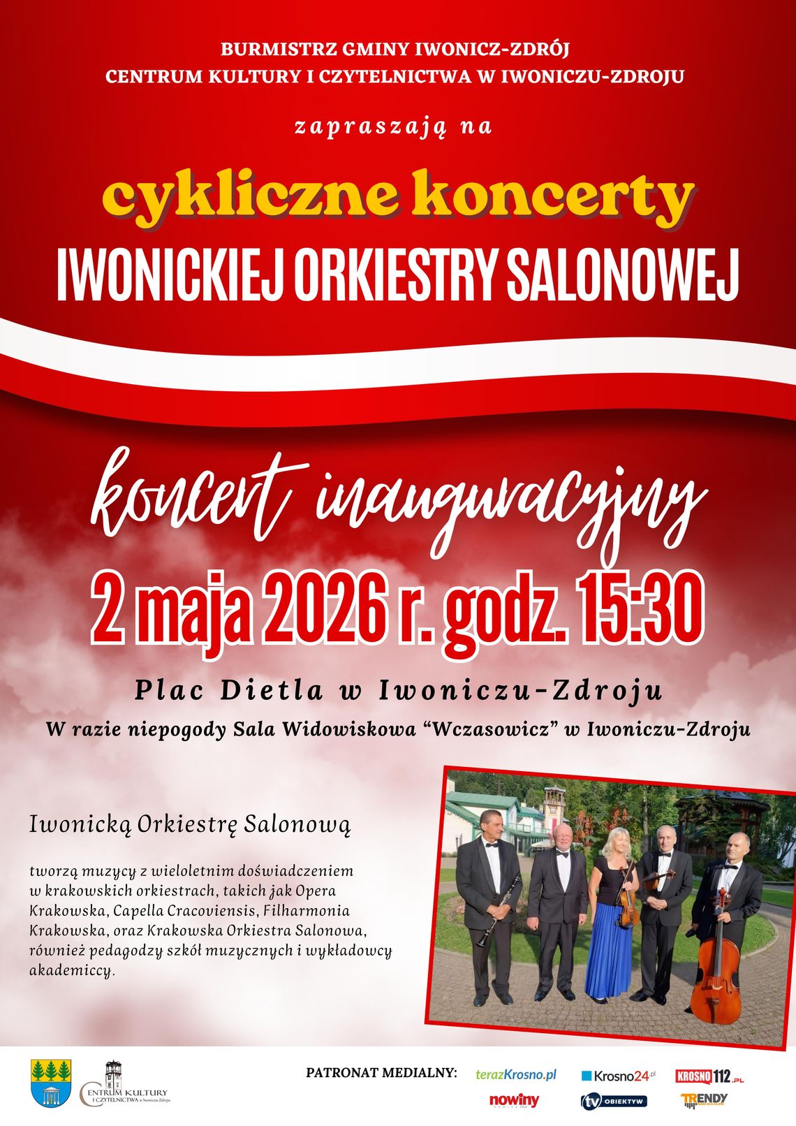 Plakat informacyjny o koncercie inauguracyjnym Iwonickiej Orkiestry Salonowej 2 maja 2026 godz. 15:30