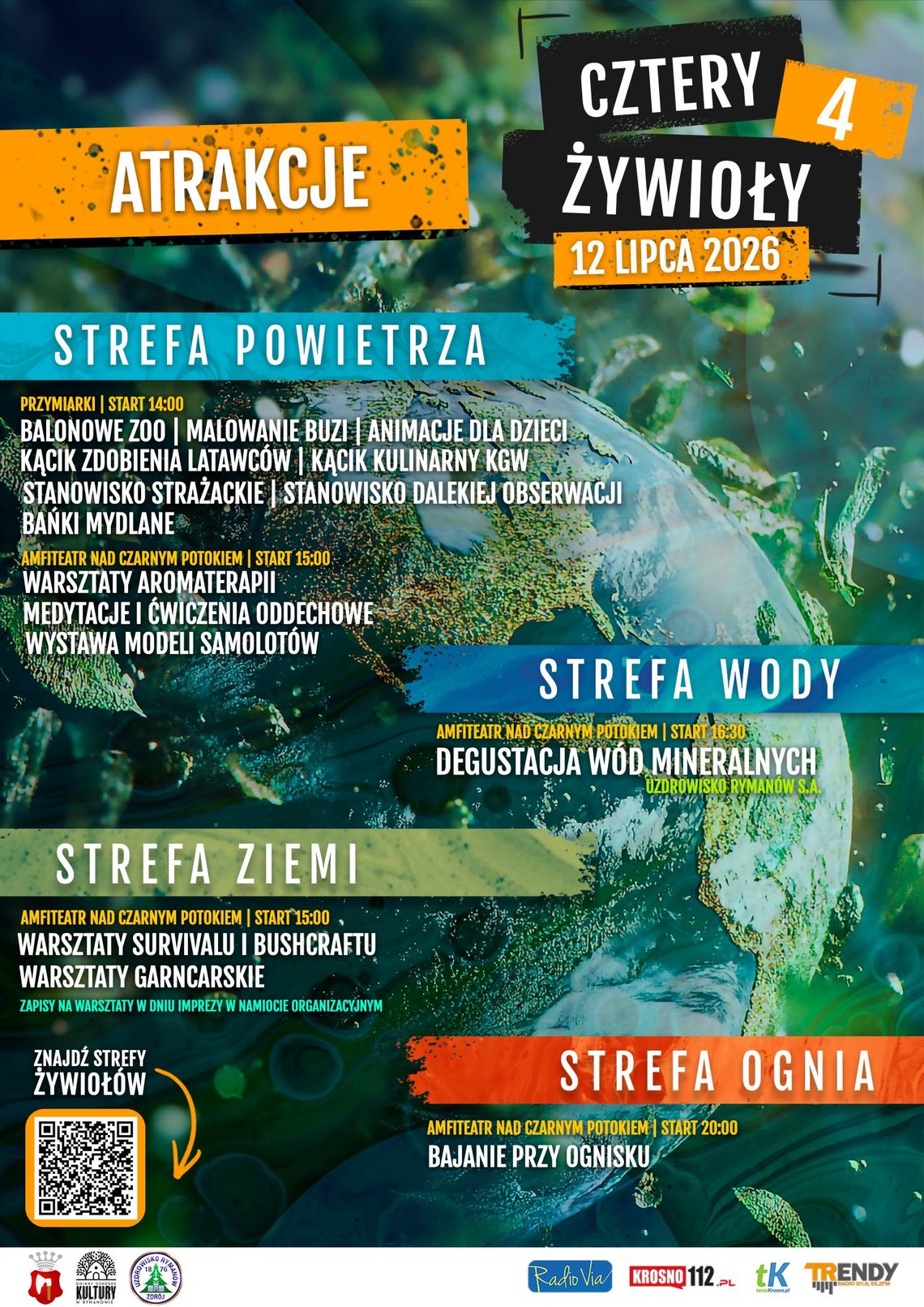 Plakat wydarzenia Cztery Żywioły 4 z programem na 12 lipca 2026 w Rymanowie-Zdroju