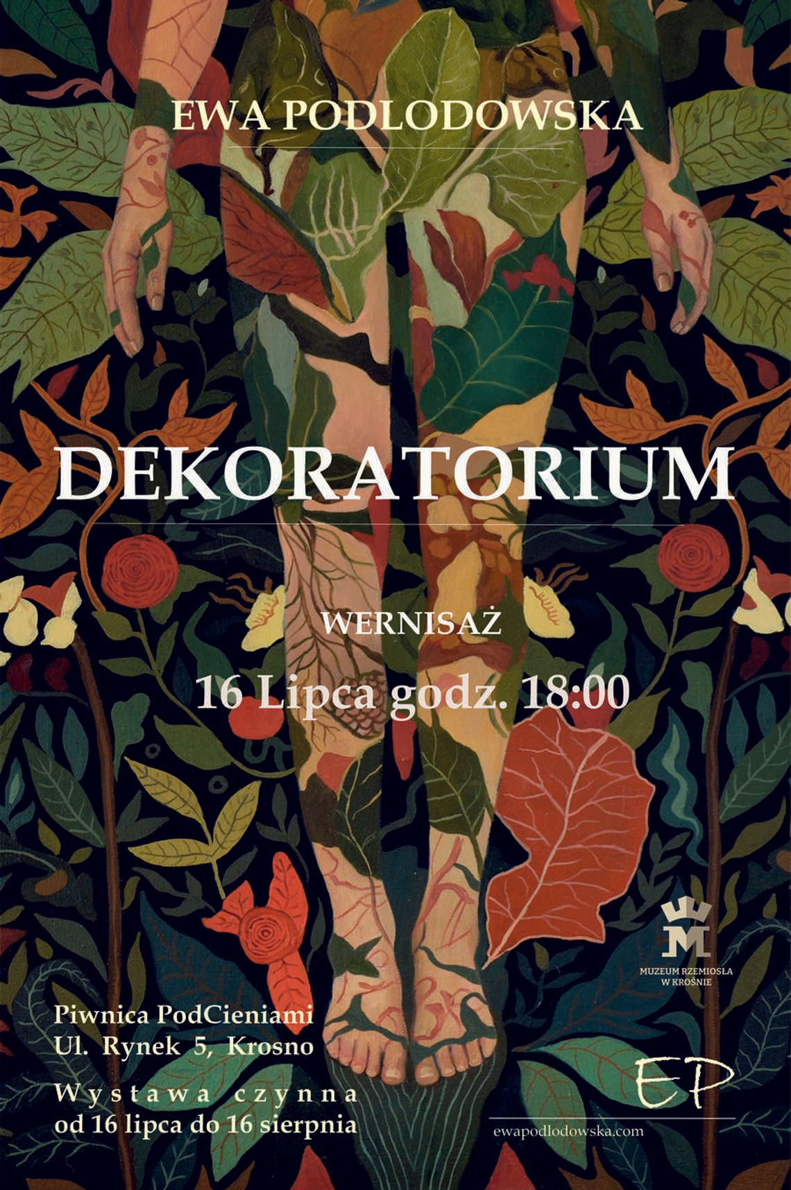 Plakat wystawy Dekoratorium Ewy Podlodowskiej z informacją o wernisażu w Krośnie