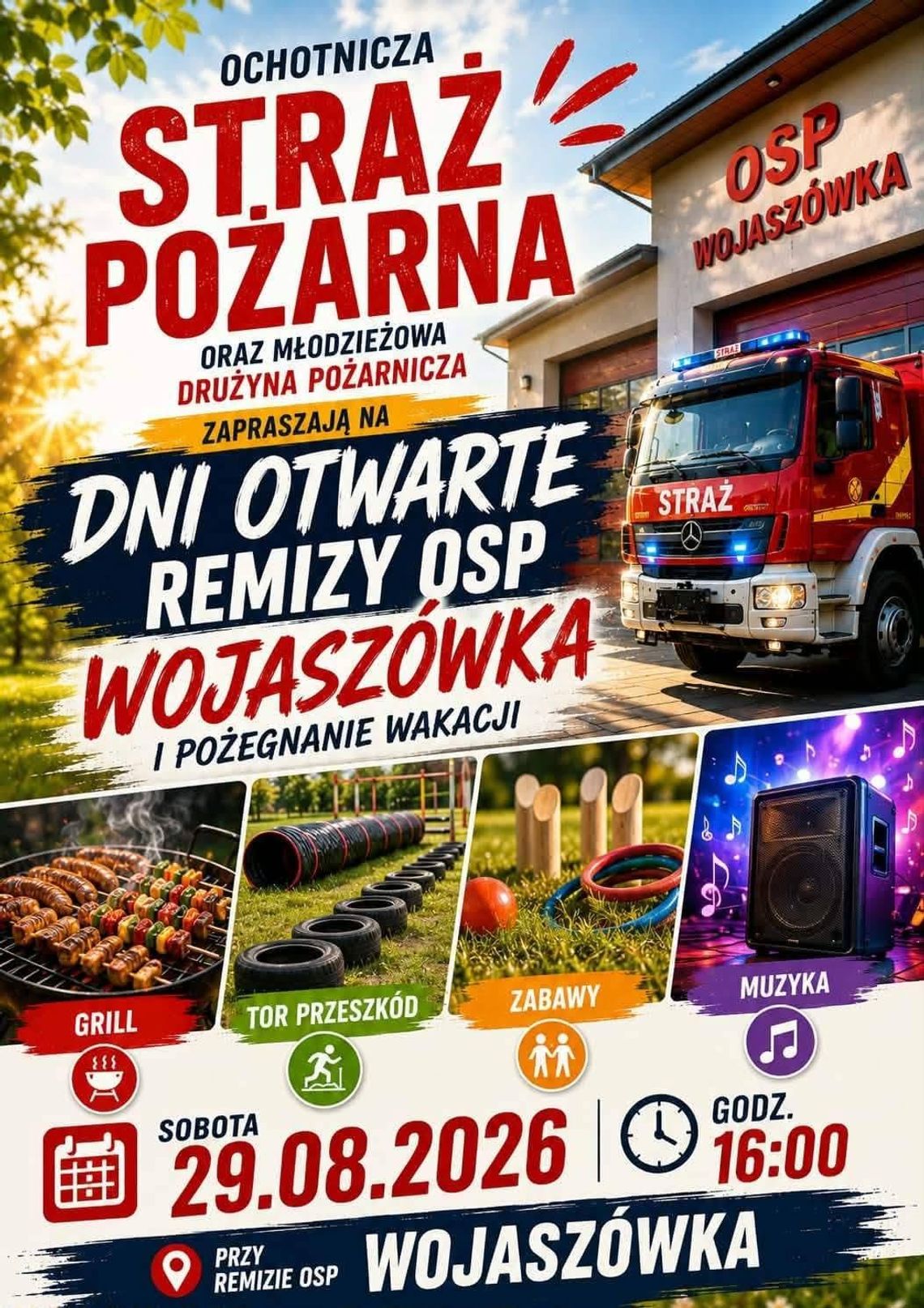 Dni Otwarte Remizy OSP Wojaszówka Plakat zapraszający na Dni Otwarte Remizy OSP Wojaszówka 29 sierpnia 2026 o godzinie 16:00.