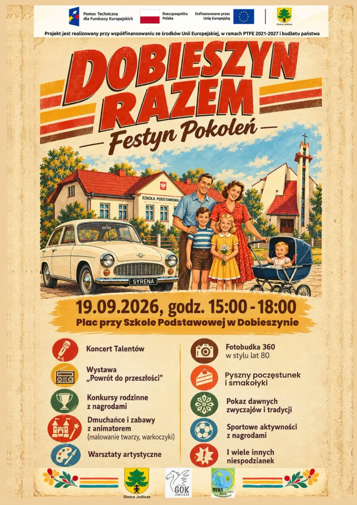 Plakat wydarzenia Dobieszyn Razem – Festyn Pokoleń z datą 19.09.2026 i atrakcjami rodzinnymi