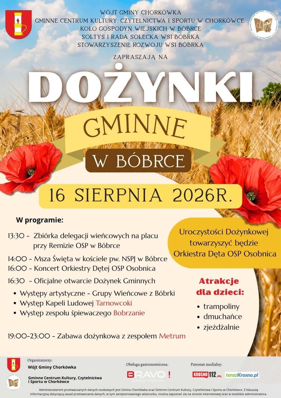Dożynki Gminne w Bóbrce Plakat wydarzenia Dożynki Gminne w Bóbrce 16 sierpnia 2026 roku z programem imprezy