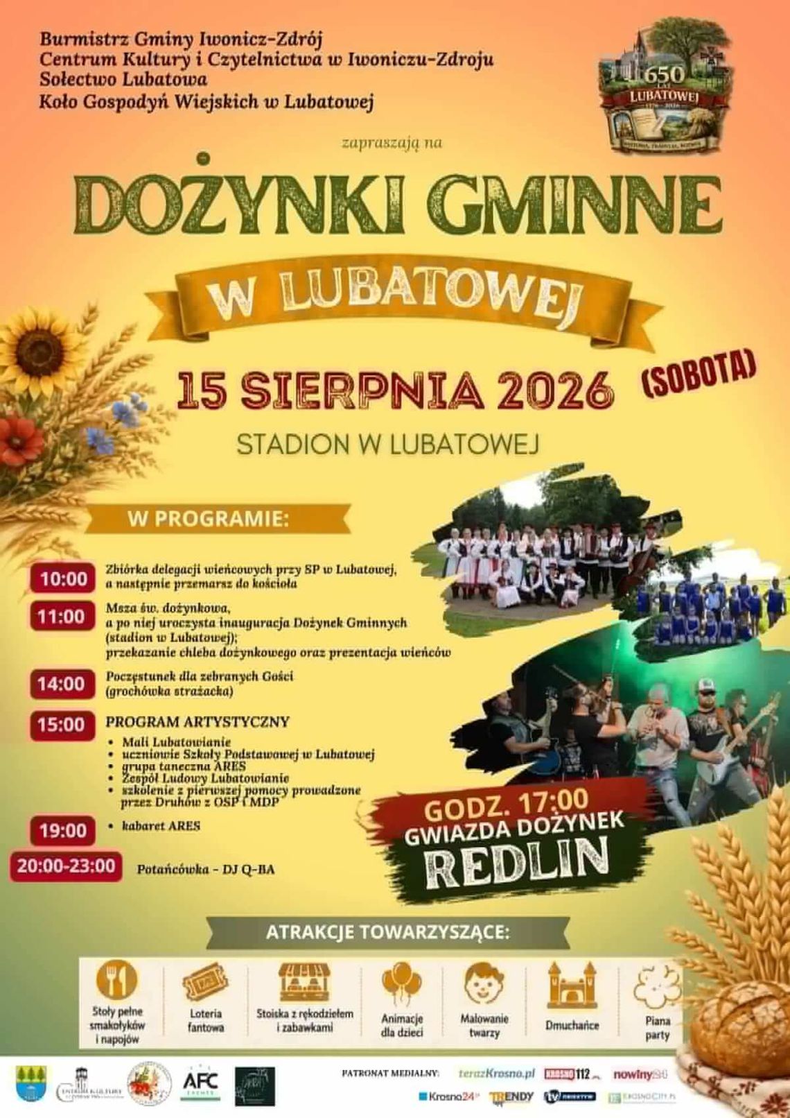 Dożynki Gminne w Lubatowej Plakat wydarzenia Dożynki Gminne w Lubatowej 15 sierpnia 2026 na stadionie w Lubatowej