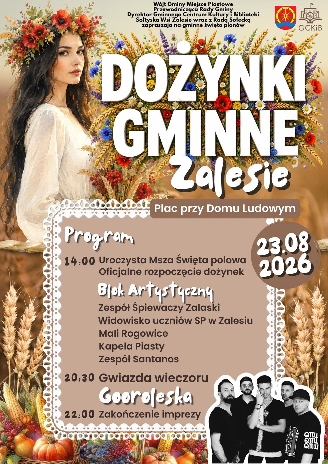 Dożynki Gminne w Zalesiu 2026 Plakat Dożynek Gminnych w Zalesiu z programem wydarzenia i informacją o koncercie zespołu Goroleska