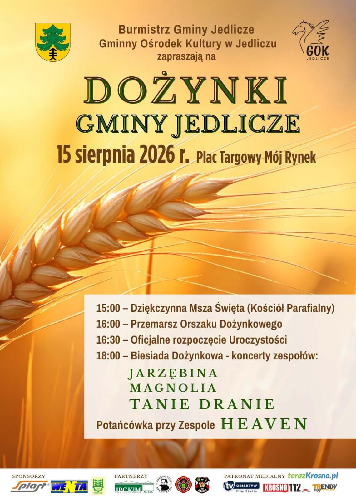 Dożynki Gminy Jedlicze Plakat wydarzenia Dożynki Gminy Jedlicze z datą 15 sierpnia 2026 i programem uroczystości