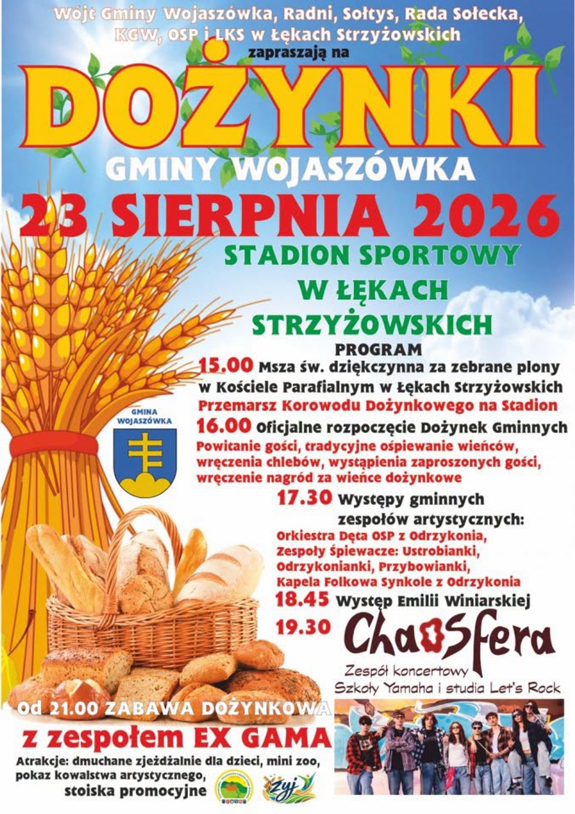 Plakat Dożynek Gminy Wojaszówka 23 sierpnia 2026 na stadionie sportowym w Łękach Strzyżowskich