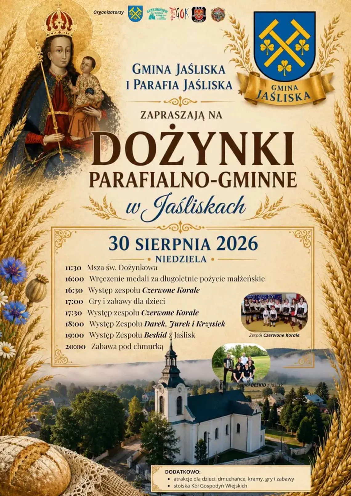 Dożynki Parafialno-Gminne w Jaśliskach Plakat Dożynek Parafialno-Gminnych w Jaśliskach 30 sierpnia 2026 z programem wydarzenia
