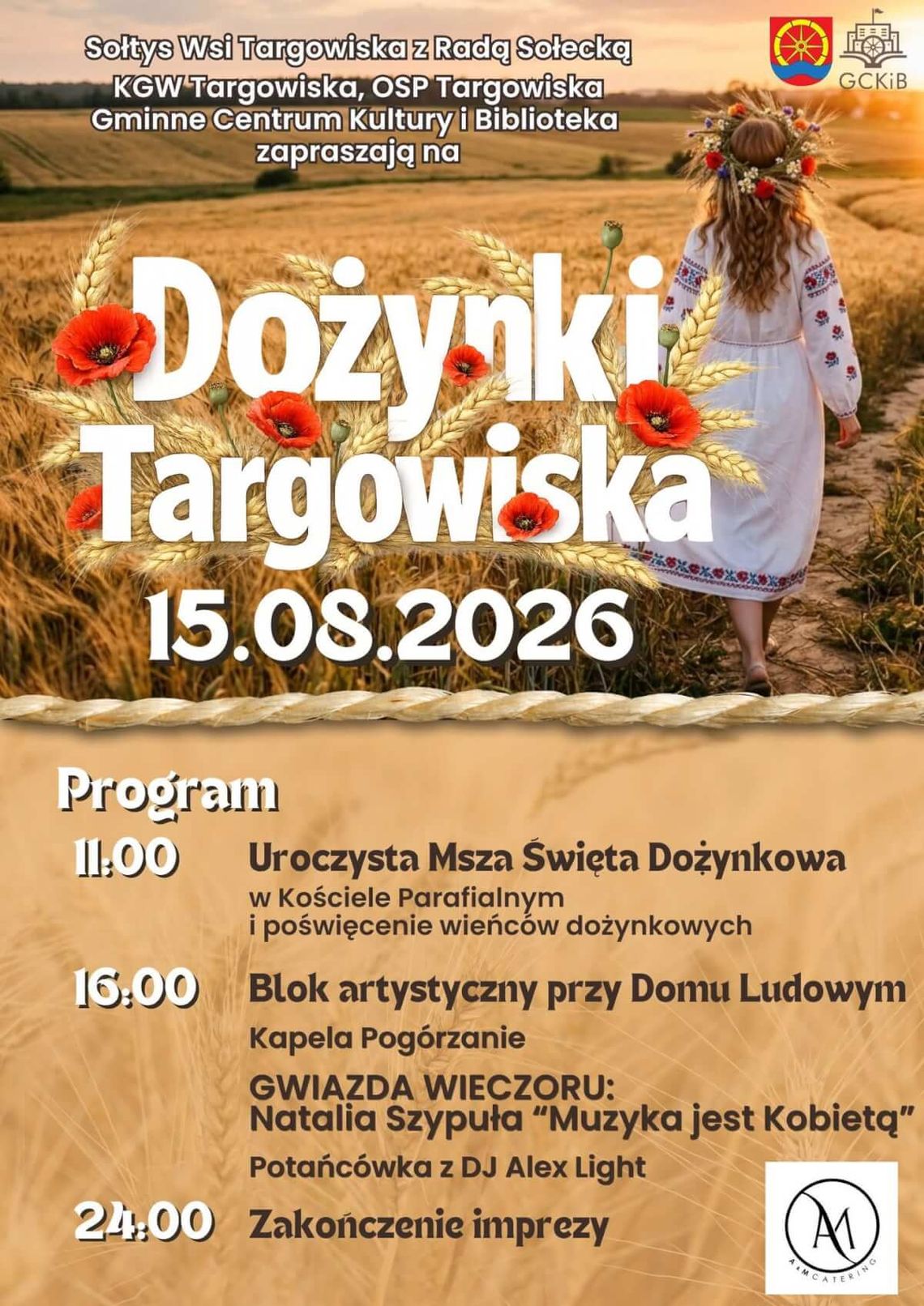 Plakat wydarzenia Dożynki Targowiska 15.08.2026 z programem imprezy