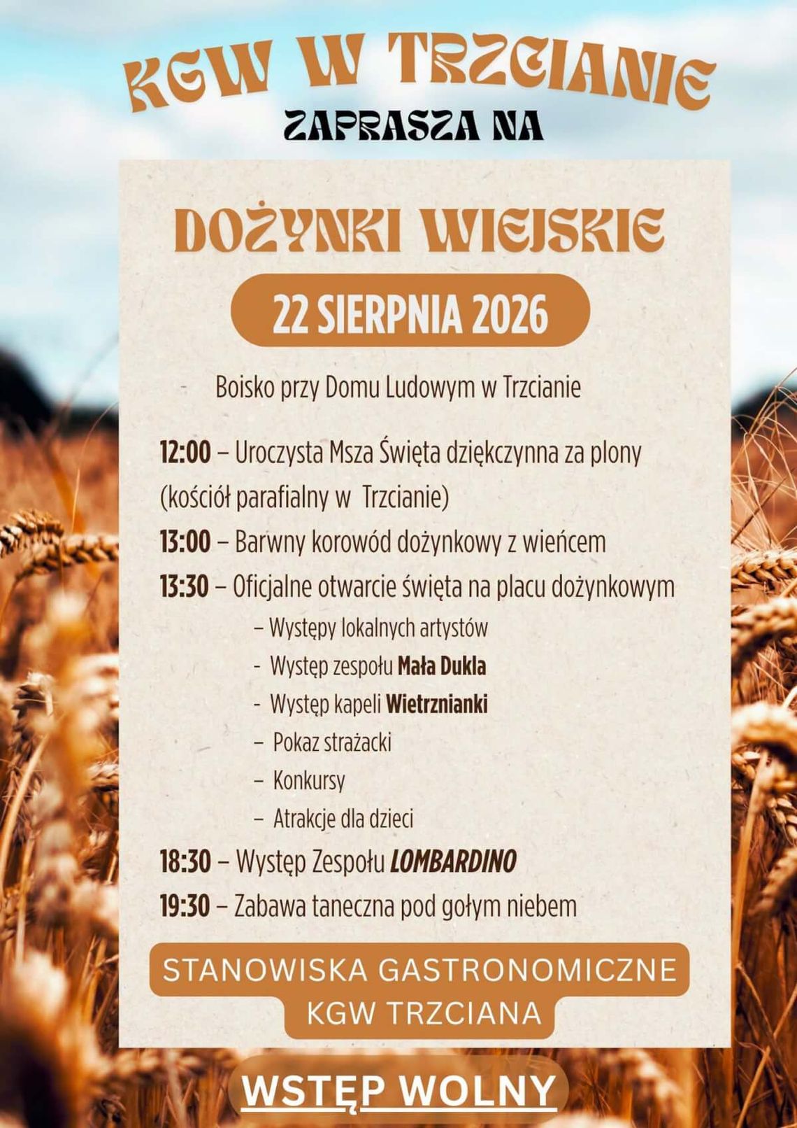 Plakat wydarzenia Dożynki Wiejskie w Trzcianie 22 sierpnia 2026
