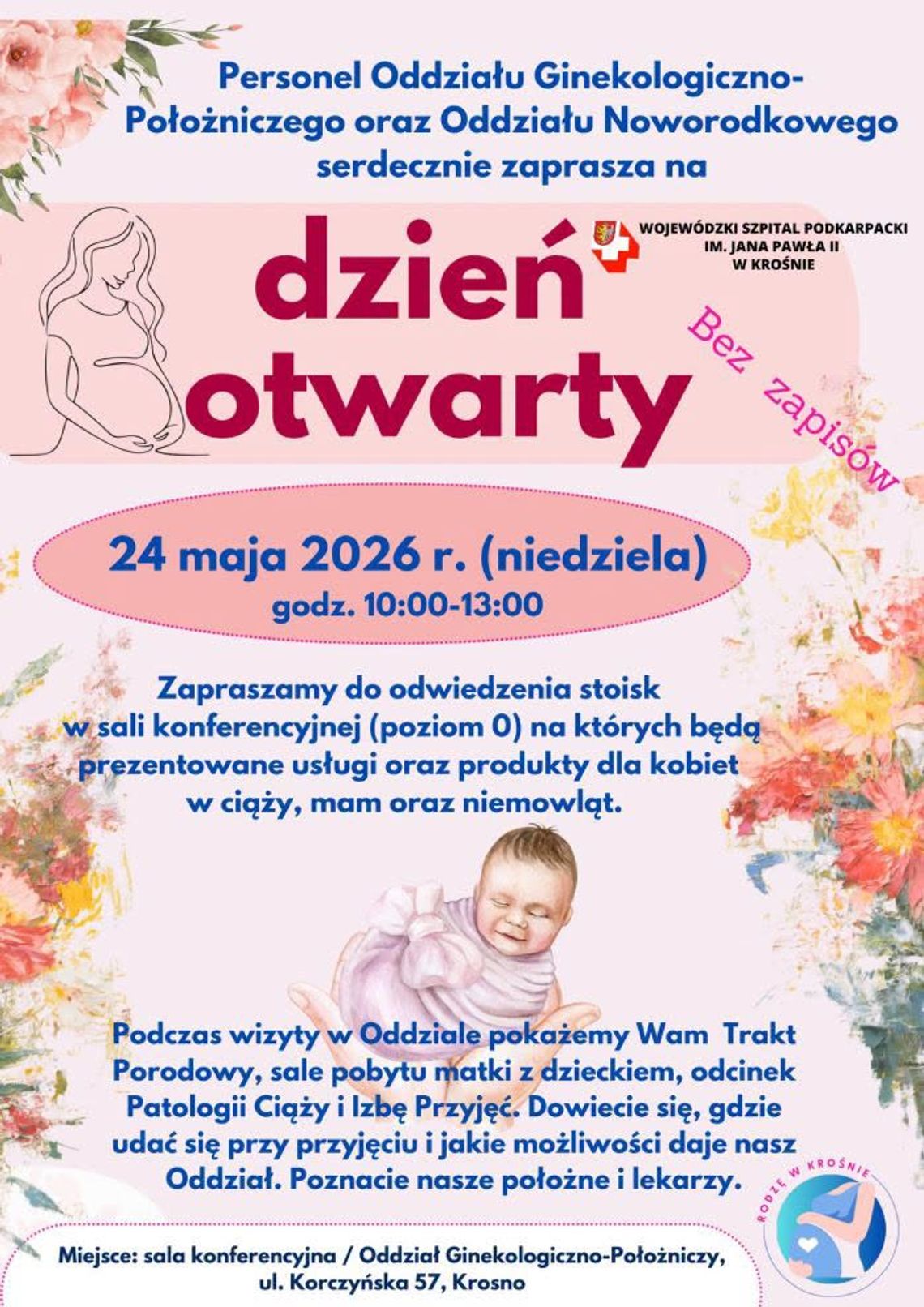 Plakat informacyjny: Dzień otwarty w Oddziale Ginekologiczno-Położniczym i Oddziale Noworodkowym, 24 maja 2026, Krosno
