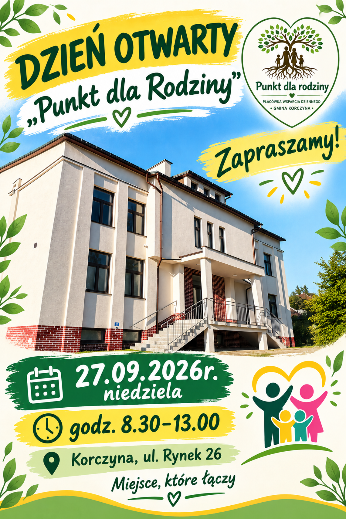 Plakat promujący Dzień Otwarty Punktu dla Rodziny w Korczynie