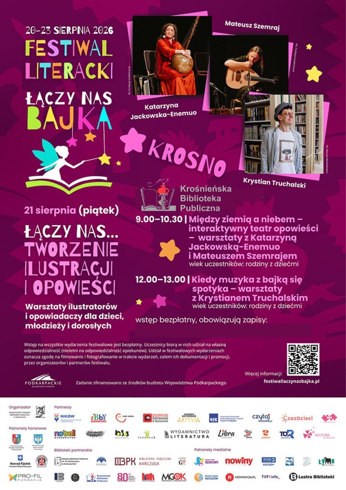 Festiwal Literacki „Łączy nas bajka” Plakat Festiwalu Literackiego „Łączy nas bajka” w Krośnie z programem na 21 sierpnia 2026