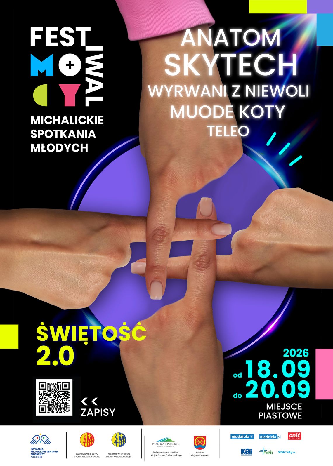 Festiwal Młodych – Świętość 2.0 Plakat Festiwalu Młodych Świętość 2.0 w Miejscu Piastowym z datą 18–20 września 2026