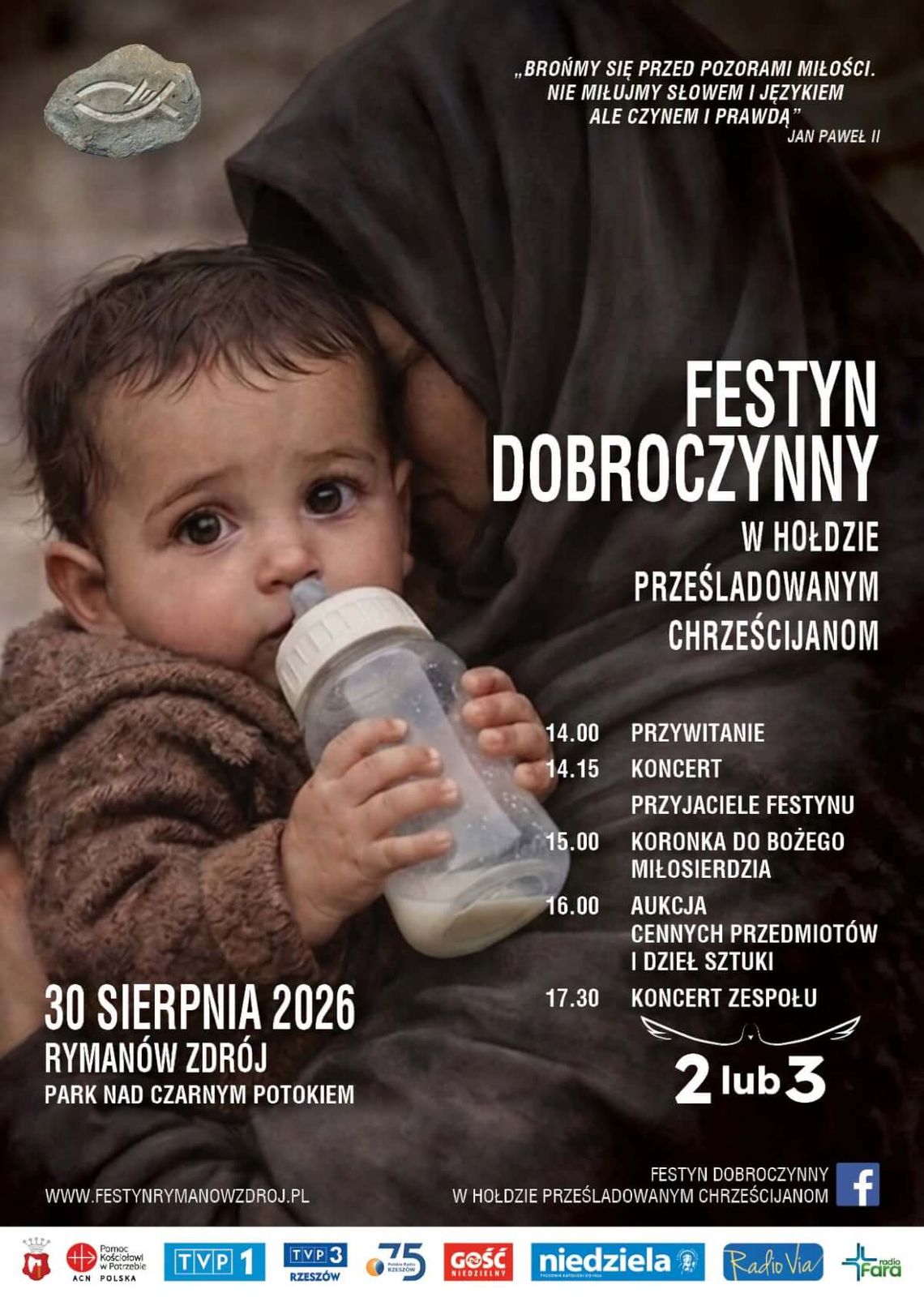 Festyn Dobroczynny w hołdzie prześladowanym chrześcijanom Plakat festynu dobroczynnego w Rymanowie-Zdroju z fotografią dziecka trzymanego przez kobietę