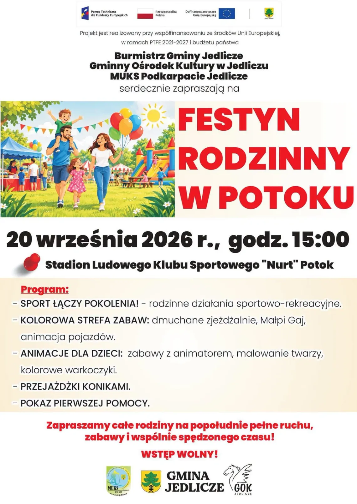 Plakat promujący Festyn Rodzinny w Potoku z datą 20 września 2026 i atrakcjami dla rodzin