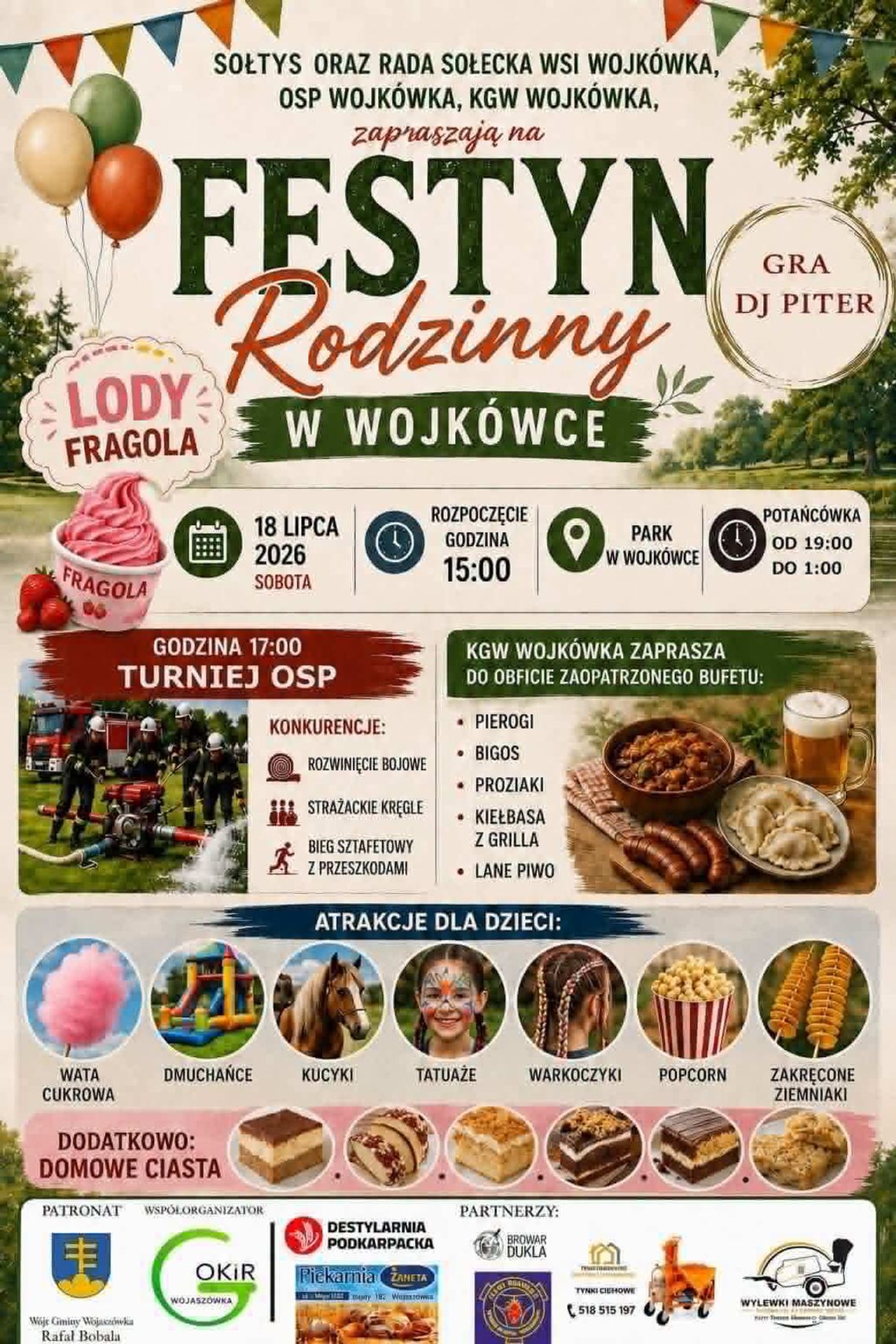Festyn Rodzinny w Wojkówce Plakat Festynu Rodzinnego w Wojkówce z atrakcjami, turniejem OSP i potańcówką